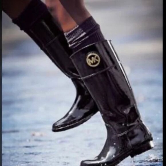 Michael Kors Stockard Tall Gloss Black Knee-High Rain Boots - Picture 1 of 14